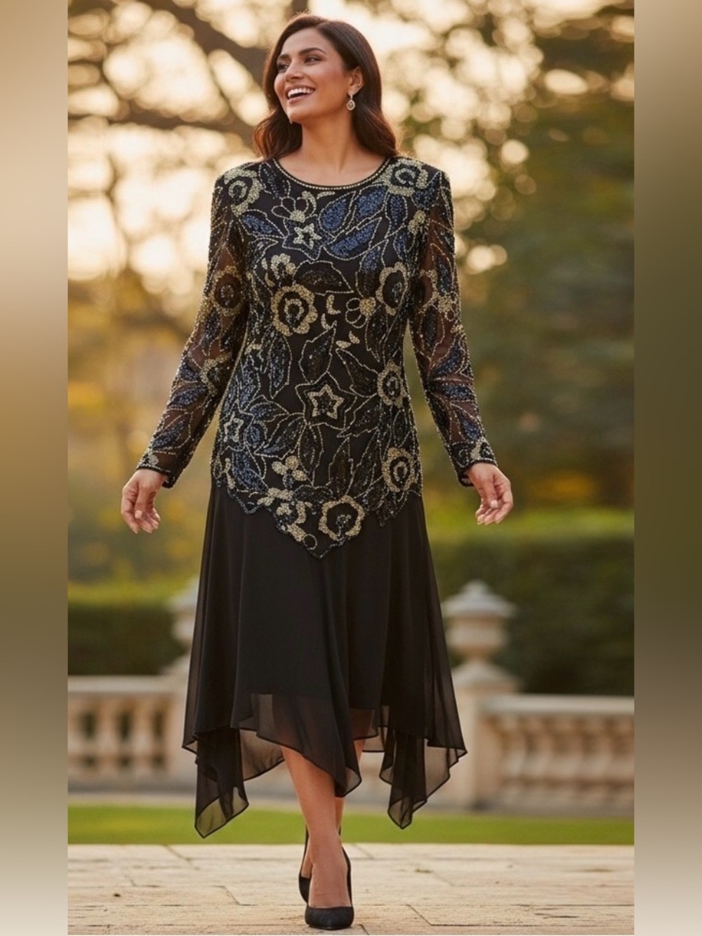 80's Oleg Cassini Couture Gold Sequin Beaded Silk Dress size 8